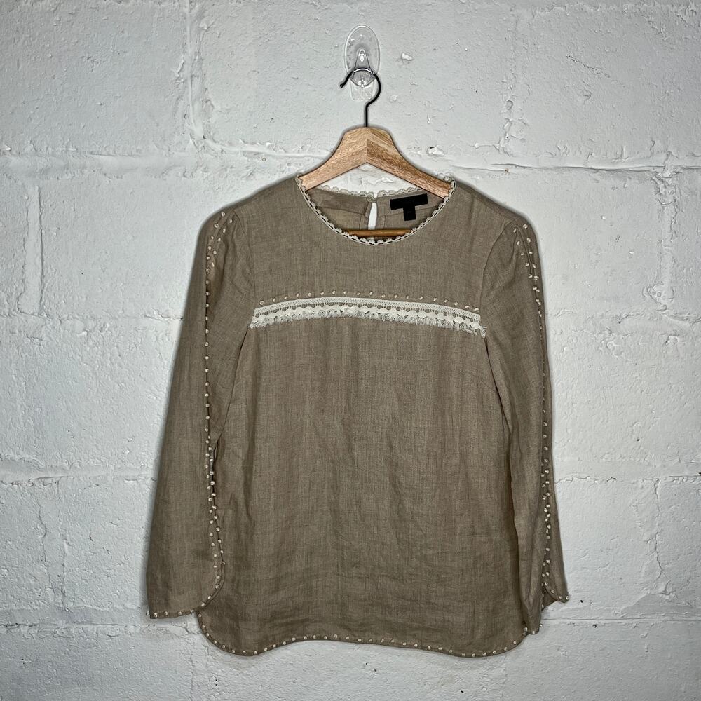 J.Crew Women's Fringe Embroidered Linen Keyhole Crewneck Tan White Top Size 00